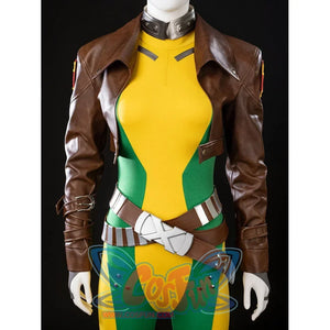 Upper body view of Rogue Anna Marie cosplay with the cropped jacket, collar, and crossed brown belts