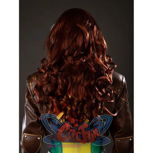 Back view of Rogue cosplay wig showing long red wavy curls over the shoulders and back of a mannequin