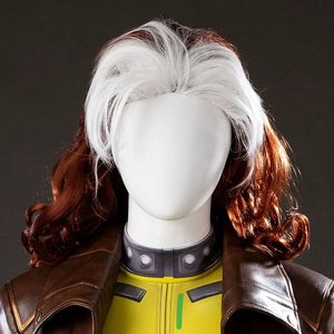 Front view of Rogue cosplay wig with white front streak, long red curls, and side volume on a white mannequin