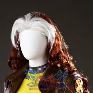 Left angled view of Rogue cosplay wig with white front section, long red curls, and smooth crown on a mannequin