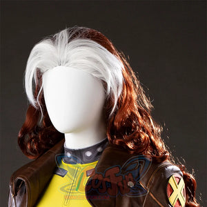Left angled view of Rogue cosplay wig with white front section, long red curls, and smooth crown on a mannequin