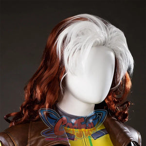 Right angled view of Rogue cosplay wig with thick white front streak, long red curls, and rounded crown on a mannequin