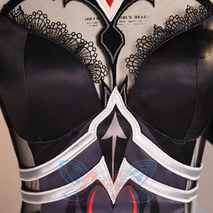 Ronova cosplay costume bodice detail with sheer black mesh, lace edging and silver-tone trim.
