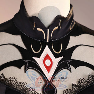 Ronova cosplay costume collar and chest detail with black mesh, gold-tone trim and a red diamond ornament.