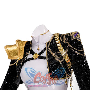dazzling performance outfit with black jacket, gold decorations, and white shorts for kpop stage wear