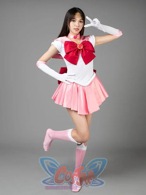 Sailor Chibi cosplay costume angled view frames the white bodice above a rose pleated skirt