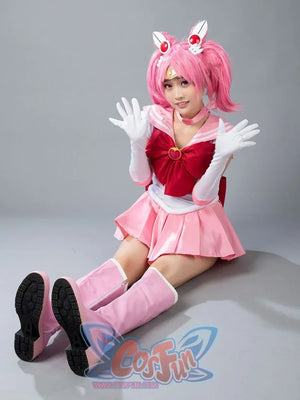 Sailor Chibi cosplay costume back view layers the pink collar above a soft waist bow
