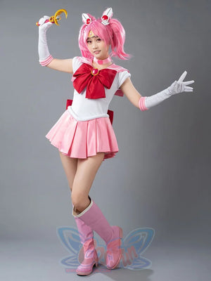 Sailor Chibi cosplay costume front pose anchors the pink chest bow above rose skirt panels