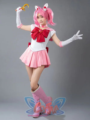 Sailor Chibi cosplay costume front pose anchors the pink chest bow above rose skirt panels