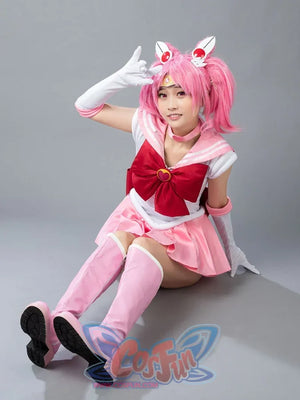 Sailor Chibi cosplay costume full front view sets the pink bow over rose pleated skirt panels