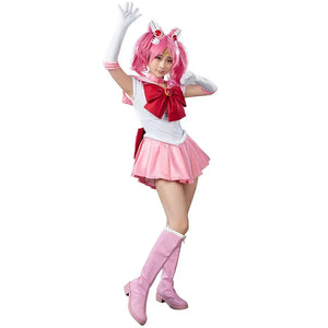 COSFUN Sailor Chibi cosplay costume sets a pink bow over a white bodice and rose skirt pleats