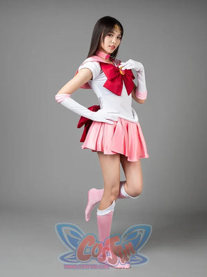 Sailor Chibi cosplay costume side pose layers the pink collar over a flared rose skirt