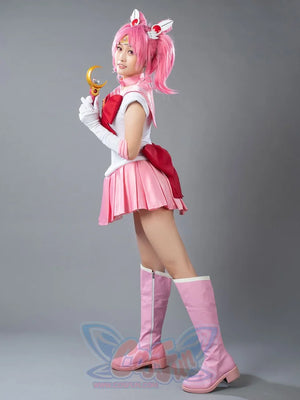 Sailor Chibi cosplay costume side view sets the white bodice against pink skirt movement