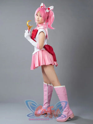 Sailor Chibi cosplay costume side view sets the white bodice against pink skirt movement