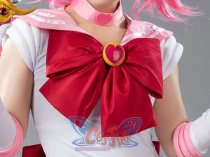 Sailor Chibi cosplay leg cover detail pairs pink panels beside the costume bow accents