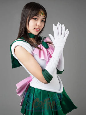 Sailor Jupiter cosplay costume action pose lets green pleats fan below the sailor bodice