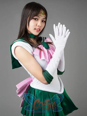 Sailor Jupiter cosplay costume action pose lets green pleats fan below the sailor bodice