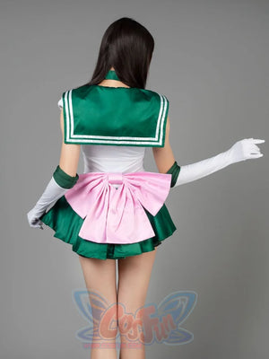 Sailor Jupiter cosplay costume angled view frames the sailor bodice above deep green pleats