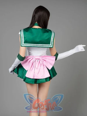 Sailor Jupiter cosplay costume angled view frames the sailor bodice above deep green pleats