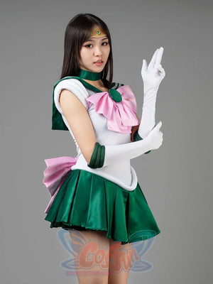 Sailor Jupiter cosplay costume back view layers the green collar above a matching waist bow