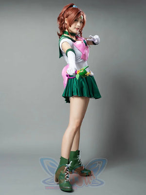 Sailor Jupiter cosplay costume full front view sets the pink bow over deep green pleats