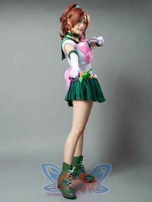 Sailor Jupiter cosplay costume full front view sets the pink bow over deep green pleats