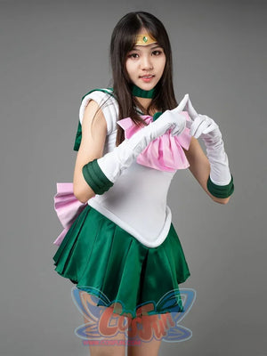 Sailor Jupiter cosplay costume full view centers a pink chest bow above green skirt pleats