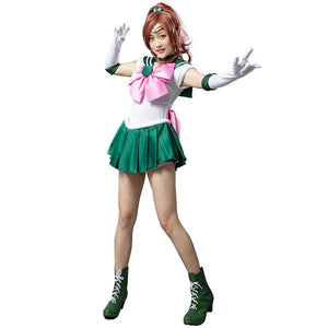 COSFUN Sailor Jupiter cosplay costume sets a pink bow over a white bodice and green pleats