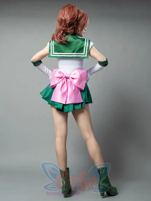 Sailor Jupiter cosplay costume side action view lets green pleats flow below the fitted bodice