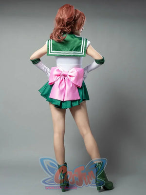 Sailor Jupiter cosplay costume side action view lets green pleats flow below the fitted bodice