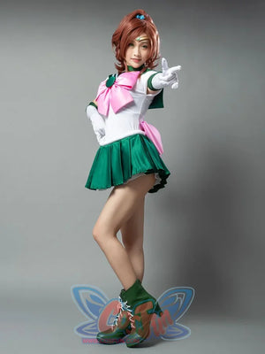 Sailor Jupiter cosplay costume styled pose balances the pink chest bow above green skirt panels