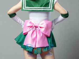 Sailor Jupiter cosplay back skirt detail anchors the green waist bow over pleated panels