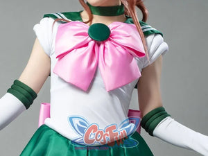 Sailor Jupiter cosplay bow close-up gathers pink satin against green sailor trim