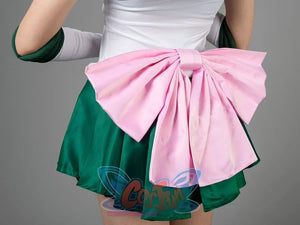 Sailor Jupiter cosplay skirt pleat detail layers deep green panels beneath the sailor bodice