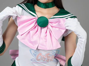 Sailor Jupiter cosplay waist bow detail spreads green satin over layered skirt pleats