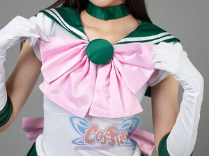 Sailor Jupiter cosplay waist bow detail spreads green satin over layered skirt pleats