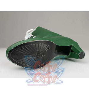 Sailor Jupiter Makoto Kino cosplay boot sole view reveals black tread beneath the green upper