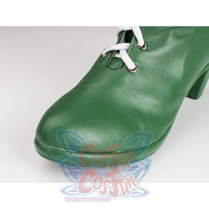 Sailor Jupiter Makoto Kino cosplay boot toe detail focuses on green faux leather and lace eyelets