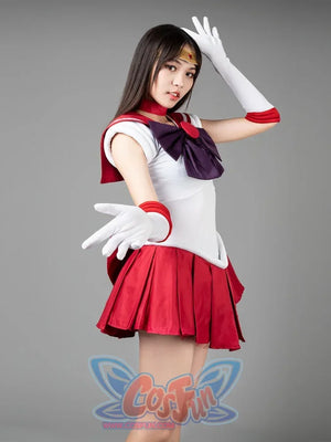 Sailor Mars cosplay costume action pose lets the red pleated skirt fan below the sailor bodice