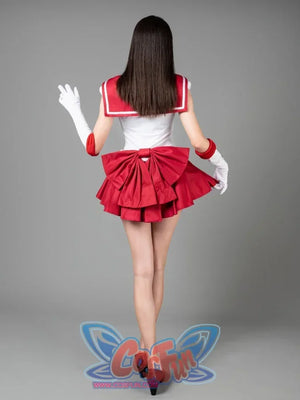 Sailor Mars cosplay costume angled pose frames the white bodice between gloves and red skirt folds