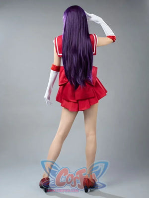 Sailor Mars cosplay costume back view frames the red collar above a deep purple waist bow