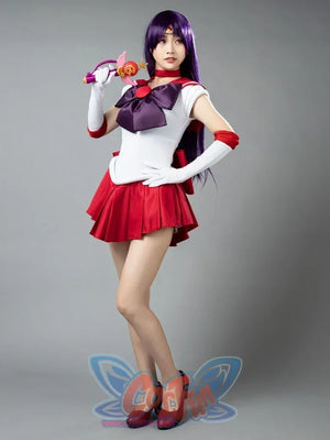Sailor Mars cosplay costume front pose anchors the purple bow above sharp red pleats