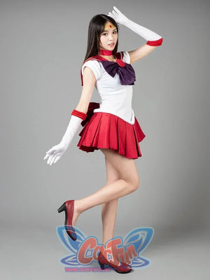 Sailor Mars cosplay costume front view centers a purple chest bow above the red pleated skirt