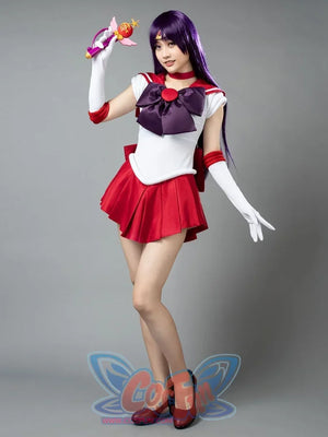 Sailor Mars cosplay costume full front view sets the purple bow over a red pleated skirt