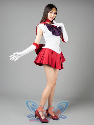 Sailor Mars cosplay costume side pose layers the red sailor collar over a crisp pleated skirt