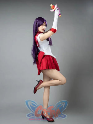 Sailor Mars cosplay costume side view sets the white bodice against a red pleated skirt