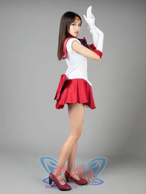 Sailor Mars cosplay costume styled pose balances the purple chest bow above red pleats