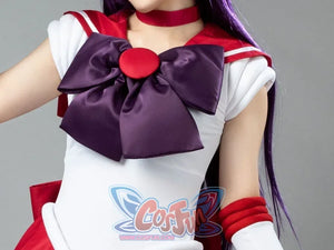 Sailor Mars cosplay back bow detail anchors purple satin over red pleated skirt panels