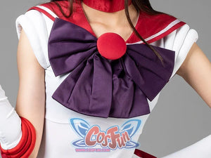 Sailor Mars cosplay waist bow detail spreads purple satin over layered red skirt pleats
