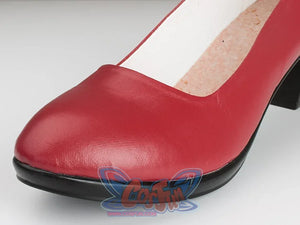 Sailor Mars Hino Rei cosplay shoe toe detail focuses on the red faux leather rounded front